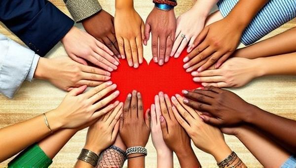 A digital mosaic of diverse hands joining together to form a heart shape, symbolizing unity and collaboration in charitable giving through MatchGiver