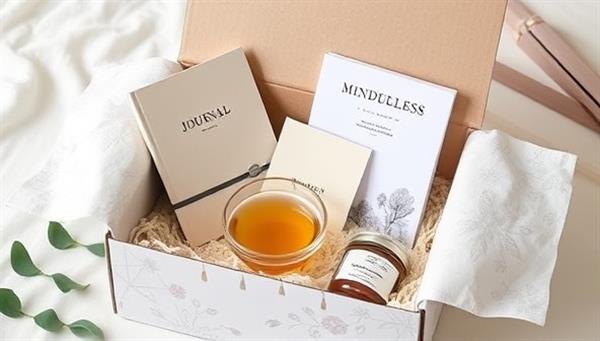 An aesthetically pleasing image of a beautifully designed subscription box filled with mental wellness products like a journal, calming tea, scented candles, and a mindfulness guide, creating a sense of tranquility and self-care indulgence.