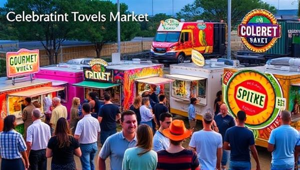 A vibrant outdoor food truck park bustling with customers sampling gourmet dishes from colorful food trucks adorned with creative signage and decorative lights, creating a festive and culinary-rich atmosphere at the Gourmet Wheels Market, celebrating food culture.