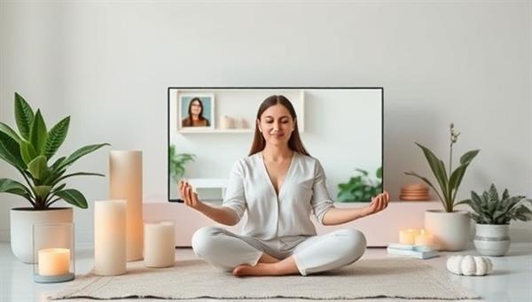 A serene and calming image featuring a virtual wellness coaching session conducted via video call, with a wellness coach guiding a client through a meditation practice, surrounded by soothing candles, plants, and wellness props, creating a peaceful and supportive online wellness environment for Balance Boosters platform.
