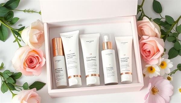 An elegant and sophisticated skincare box with various skincare products neatly arranged inside, surrounded by fresh flowers and greenery to convey the concept of personalized luxury skincare.