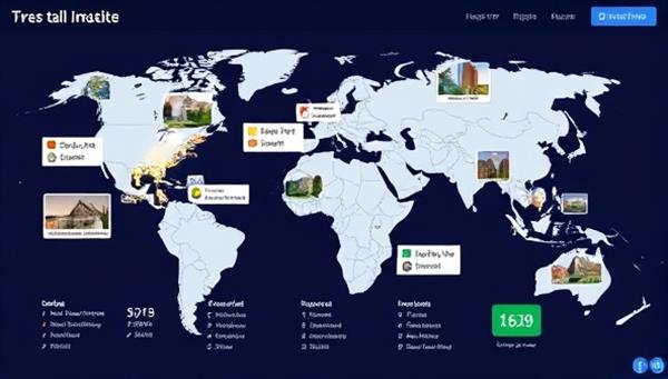 An interactive digital map displaying various global real estate investment opportunities, with key data points and investment performance indicators, illustrating the user-friendly interface and diverse property options available on the platform.
