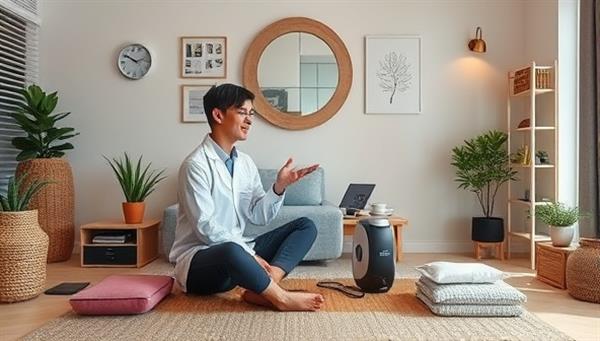 A virtual chronic pain management session featuring a specialist guiding a client through pain relief exercises and relaxation techniques, surrounded by therapeutic equipment, mindfulness resources, and a serene virtual environment, conveying comfort and support in managing chronic pain.
