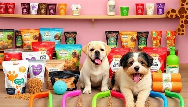 An array of pet treats, toys, and grooming products arranged in a playful and colorful pet-friendly setting, showcasing the essence of Paws & Whiskers Wellness and the joy it brings to furry companions.