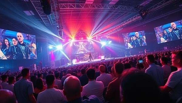 An immersive visual of a virtual gaming concert within a futuristic digital arena, featuring a live music performance surrounded by interactive gaming elements, virtual avatars of attendees, and dynamic visual effects, showcasing the innovative and immersive entertainment offered by VirtuFest Entertainment.