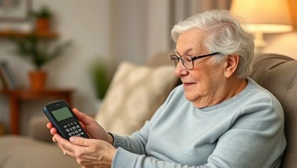 An elderly individual using a user-friendly smart communication device with large buttons and clear displays, while a younger family member remotely assists with setup, demonstrating the ease of use and connectivity offered by Eldertech Connect.