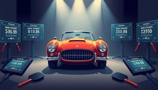 An elegant digital illustration of a classic car surrounded by auction paddles and virtual bidding screens, capturing the excitement and sophistication of automotive auctions on the BidDrive Marketplace platform.