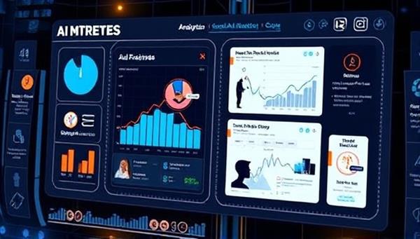 An AI interface analyzing social media ad metrics and demographics, with dynamic ad previews and optimization suggestions displayed on a digital screen, surrounded by social media icons and engagement indicators, illustrating the AI-powered ad optimization process in action.