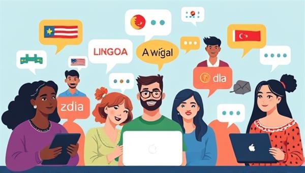 A vibrant digital illustration showing diverse individuals engaged in virtual language learning sessions, with speech bubbles showcasing different languages and cultural elements, symbolizing global connectivity and language diversity.