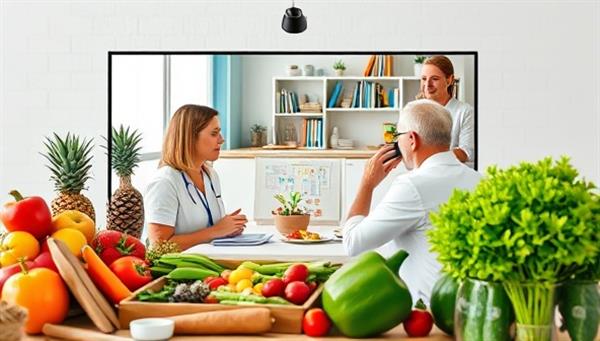 An image of a virtual nutrition counseling session with a dietitian discussing meal plans and healthy eating habits with a client, surrounded by images of fresh fruits and vegetables, promoting nutritional support and wellness guidance.