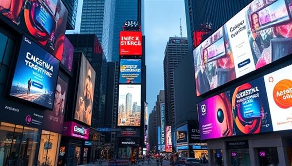 An urban setting with digital billboards displaying engaging and interactive digital marketing campaigns, symbolizing the consultancy