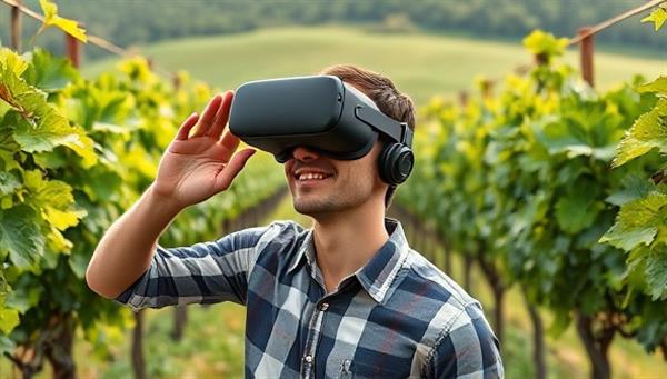 An individual wearing a VR headset surrounded by lush vineyards, interacting with digital representations of grapevines and winemaking processes, showcasing the immersive and educational nature of virtual agritourism experiences.