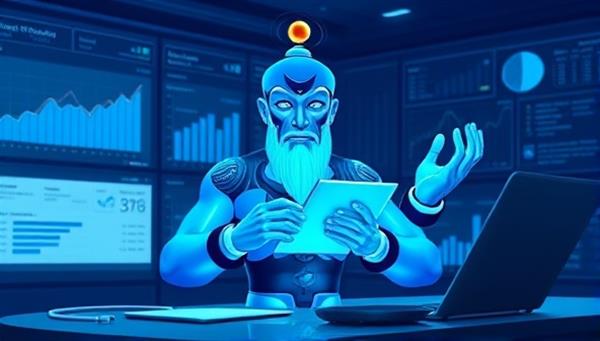 An AI-powered genie character crafting personalized email campaigns in a digital workspace, surrounded by data analytics dashboards and engagement metrics, illustrating the service