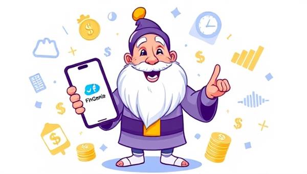 An engaging illustration of a friendly genie character surrounded by financial symbols and charts, interacting with a smartphone displaying the FinGenie app, conveying the idea of personalized financial assistance and guidance.