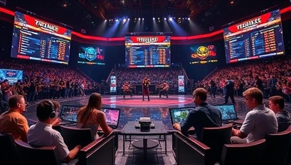 An intense eSports match scene with players competing in a virtual arena, surrounded by cheering spectators and digital displays showing real-time performance metrics, capturing the excitement and competitiveness of SkillWager Arena