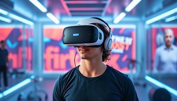A person wearing a VR headset in a bright, futuristic gym environment, surrounded by virtual workout equipment and motivational visuals, showcasing the immersive and innovative fitness experience of VR Fit Boost.