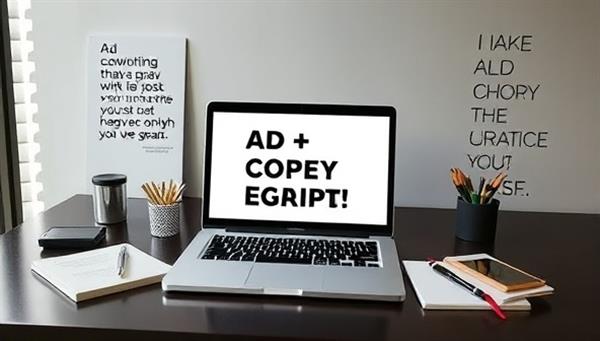 A sleek and modern workspace with a laptop displaying engaging ad copies, surrounded by creative writing tools like notebooks, pens, and inspirational quotes, reflecting a dynamic and productive ad copywriting environment.