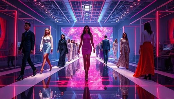 An elegant virtual fashion runway with digital models showcasing stunning designer outfits, vibrant lighting effects, and a mesmerizing atmosphere that captures the essence of a high-end fashion show in a futuristic setting.