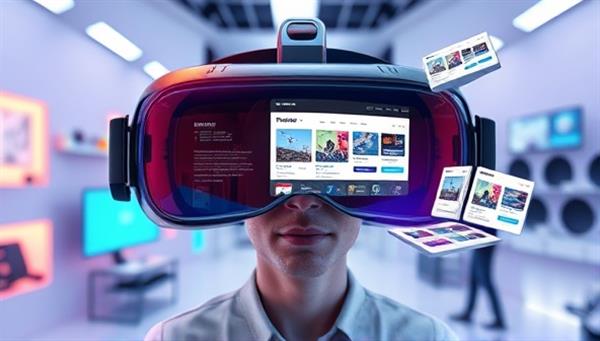 An imaginative VR headset displaying a futuristic web design studio environment with virtual design tools, interactive website prototypes floating in 3D space, and a client immersed in the VR experience, symbolizing the innovative and immersive nature of VirtuWeb Studio