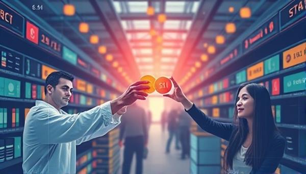 An artistic representation of two individuals exchanging virtual skill tokens in a digital marketplace, symbolizing the exchange of knowledge and expertise in a modern and collaborative way.