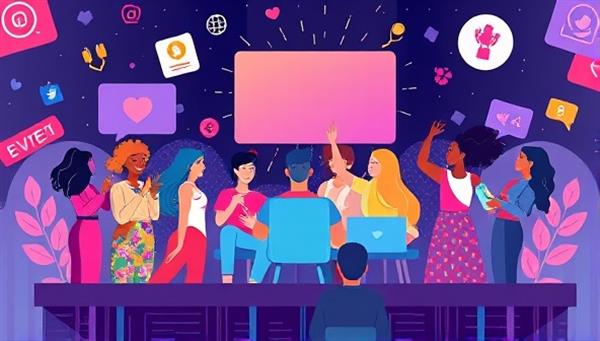 An artistic and colorful illustration of various influencers and event organizers collaborating on a digital platform, with virtual event banners and social media icons in the background, symbolizing creativity and collaboration in event promotion.