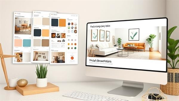 A virtual design studio showcasing mood boards, color palettes, and 3D renderings of home renovation projects, with a cozy living room transformation displayed on a computer screen, highlighting the virtual design consultation process.