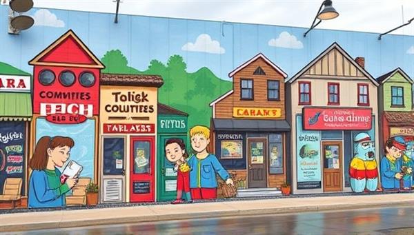An outdoor wall mural showcasing a vibrant and diverse community scene, with local businesses integrated into the artwork, capturing the essence of community pride and support.