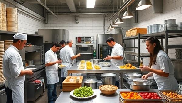 A dynamic culinary incubator kitchen bustling with activity, showing chefs and entrepreneurs collaborating on new recipes, testing equipment, and sampling dishes, with a diverse array of food products on display, conveying a sense of creativity and culinary innovation.