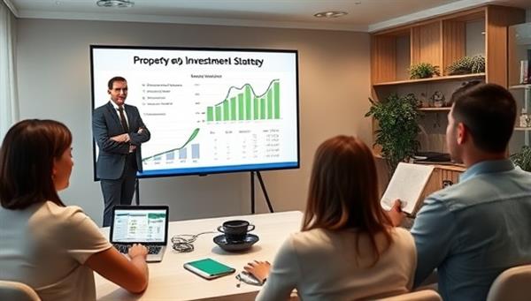 An online webinar scene featuring an investment coach presenting a property investment strategy to a group of attentive subscribers, with interactive charts, graphs, and financial data displayed on the screen to illustrate investment concepts and opportunities for wealth creation.
