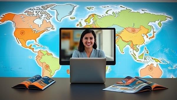 An inspiring visual featuring a virtual travel concierge interacting with a client via video call, surrounded by a digital map of remote destinations and travel brochures, highlighting the personalized and immersive travel planning experience offered by RemoteWander Concierge.