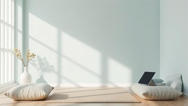 A serene digital detox space with calming colors, meditation cushions, and digital devices stored away, promoting a peaceful and mindful approach to technology use and wellness.