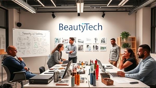 An inspiring image of a collaborative workspace within the BeautyTech Launchpad, featuring entrepreneurs brainstorming ideas on whiteboards, tech gadgets and beauty products scattered on desks, and a diverse group of innovators engaged in discussions, symbolizing creativity and tech innovation in the beauty industry.
