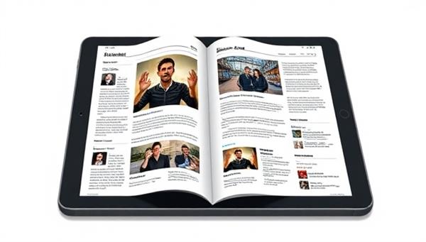 An illustration of a tablet displaying an interactive magazine page with embedded videos, interactive graphics, and real-time reader comments, showcasing the immersive and engaging nature of the digital publication.