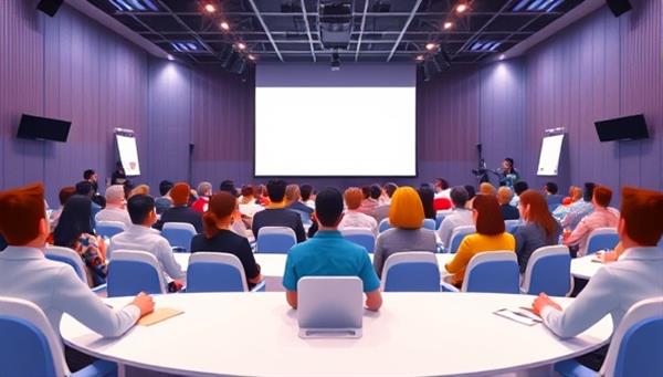 An animated virtual event space with customizable avatars interacting in a virtual conference hall, showcasing the platform