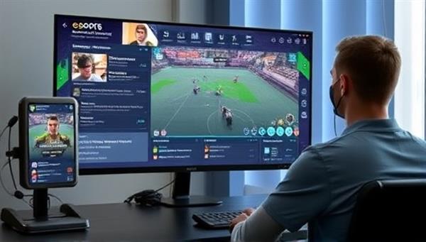 An image of a virtual gaming coach conducting a training session with a player, with a split-screen display showing the game interface, strategy tips, and real-time feedback, illustrating the interactive and educational nature of the eSports Pro Mentor service.