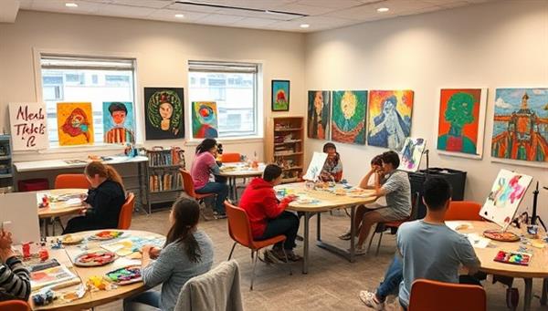 An art therapy studio filled with colorful art supplies, comfortable seating, and inspirational artwork on the walls, with teenagers immersed in various art activities, expressing their emotions and creativity in a supportive and therapeutic environment.