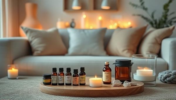 A cozy living room setting with soft ambient lighting, plush cushions, and a tranquil atmosphere, featuring a beautifully displayed collection of wellness products like essential oils, candles, and calming crystals, creating a serene and inviting space for relaxation and mindfulness.