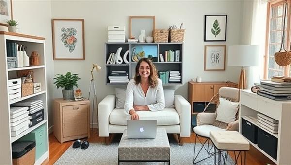 A serene and organized virtual home decluttering session scene with a professional organizer guiding a client through the decluttering process via video call, surrounded by storage solutions, labeling tools, and decluttering checklists, creating a sense of peace and order.