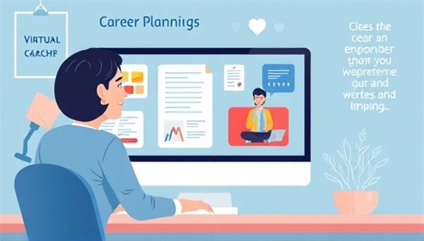 A virtual career coaching session illustration featuring a coach guiding a remote worker through career planning discussions on a computer screen, with tools, resources, and motivational quotes in the background, creating a supportive and empowering virtual coaching environment.