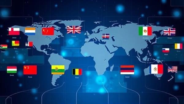 An elegant digital interface displaying diverse language symbols and flags, representing the seamless connection between languages and cultures facilitated by the multilingual writing translation services, symbolizing global communication and understanding.