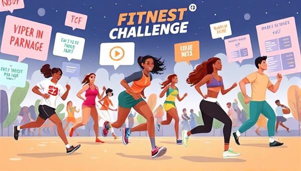 An energetic illustration of diverse individuals virtually participating in a fitness challenge, showing animated avatars jogging, doing yoga, and lifting weights in a digital landscape filled with motivational messages and progress trackers, reflecting the dynamic and supportive fitness community of FitQuest.