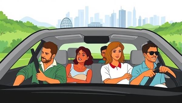 A vibrant carpooling scene with diverse commuters sharing a ride in a fuel-efficient vehicle, surrounded by green landscapes and urban skylines, showcasing the community and sustainability aspect of eco-friendly carpooling.