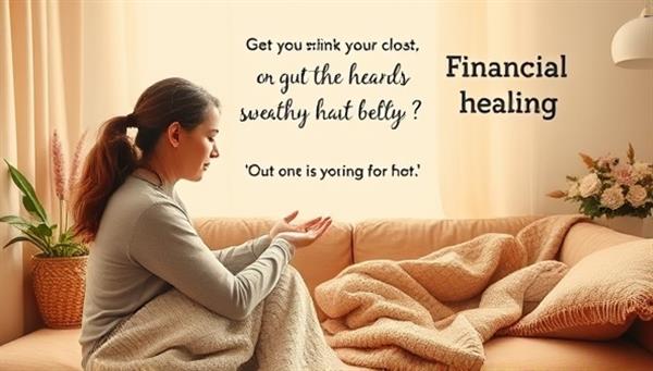 An emotionally resonant visual of a supportive therapist or coach engaging with a client in a warm and inviting virtual space, with comforting elements like cozy blankets, soothing colors, and motivational quotes, symbolizing empathy and guidance in financial healing and growth.