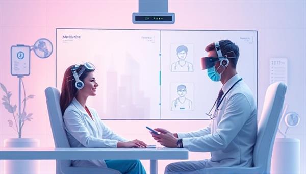 A futuristic digital illustration showcasing a virtual medical consultation between a patient and a specialist, with advanced medical technology and virtual reality elements enhancing the remote healthcare experience, conveying a sense of innovation and seamless connectivity in virtual healthcare services.