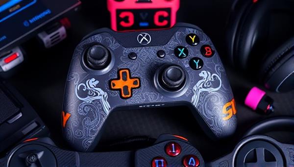 An artistic image showcasing a custom-designed gaming controller with intricate patterns and personalized branding, surrounded by gaming accessories and equipment, highlighting the creative and unique offerings of CustomPlay Creations.