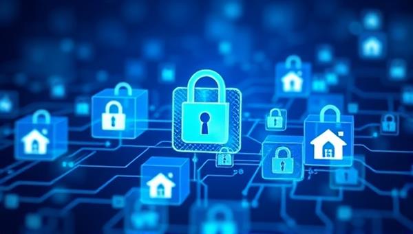 An abstract digital artwork representing blockchain technology with interconnected blocks, secure locks, and real estate icons, symbolizing the integration of blockchain technology into real estate transactions on the BlockEstate Exchange platform, showcasing security and innovation in property dealings.