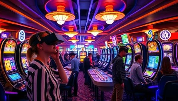 An immersive virtual reality setting with players wearing VR headsets, interacting with each other in a vibrant virtual casino filled with digital slot machines and gaming tables, capturing the excitement and innovation of VR gambling.