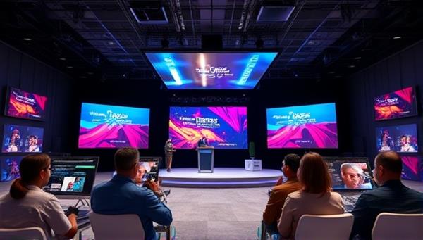 A virtual event setup with a stage, interactive screens, and virtual attendee avatars participating in an engaging virtual conference, with colorful graphics and dynamic content, illustrating the modern and immersive nature of virtual events.