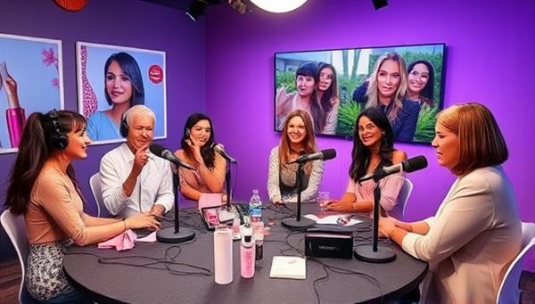 A vibrant and engaging podcast studio setup with microphones, sound equipment, and beauty-themed decor, featuring a diverse panel of beauty experts recording a lively and informative episode, capturing the essence of industry insights and engaging beauty discussions in a professional setting.