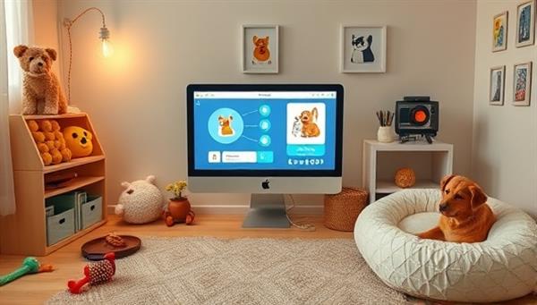 A pet-friendly virtual room setup with a computer displaying a pet health monitoring app interface, surrounded by pet toys, treats, veterinary guides, and a cozy pet bed, creating a warm and inviting online pet health monitoring environment.